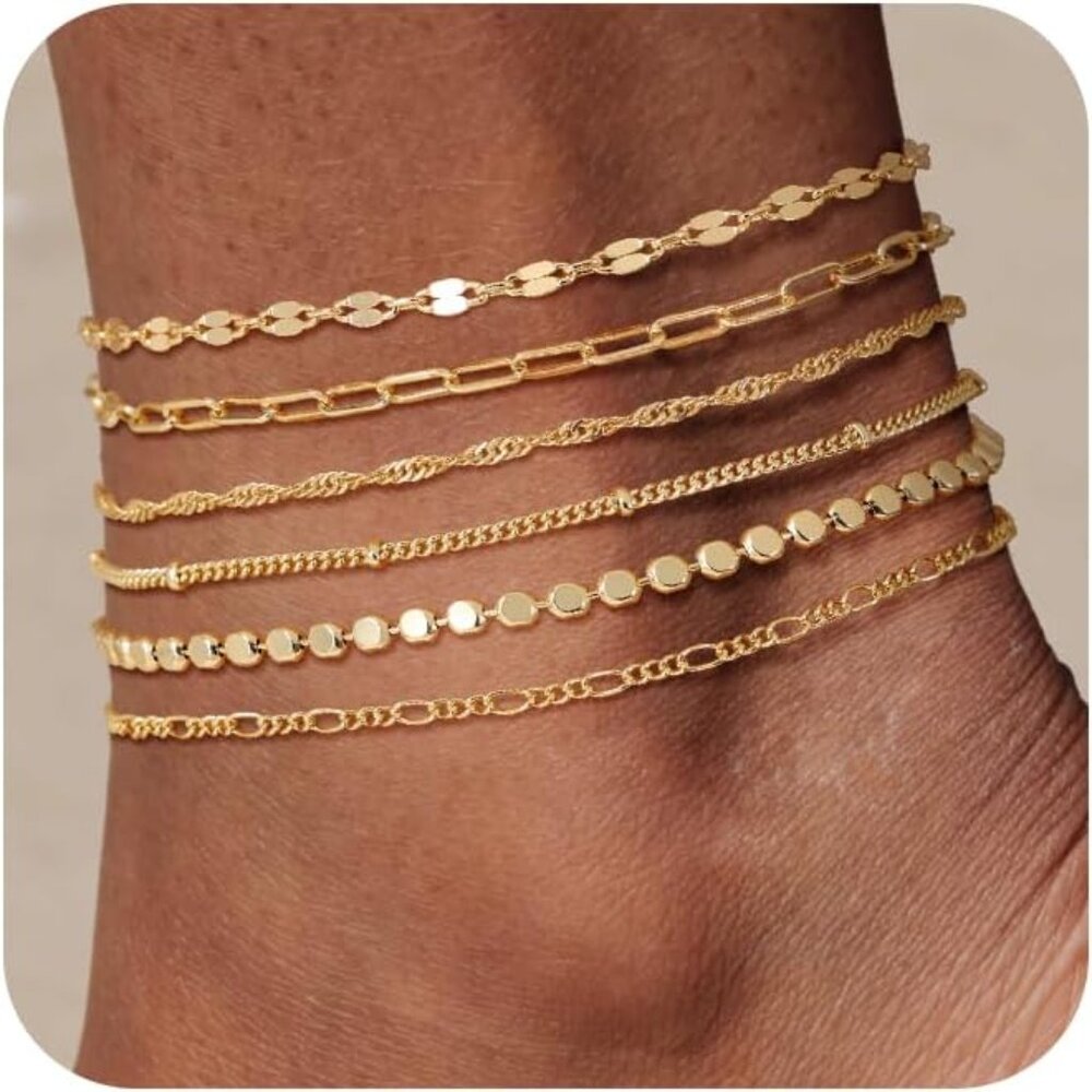 Waterproof Ankle Bracelets for Women, 14K Real Gold Filled Anklets for Women 6PC
